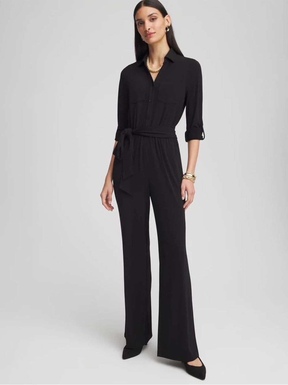 Chico’s Black Long-Sleeve Button Jumpsuit with Tie Waist